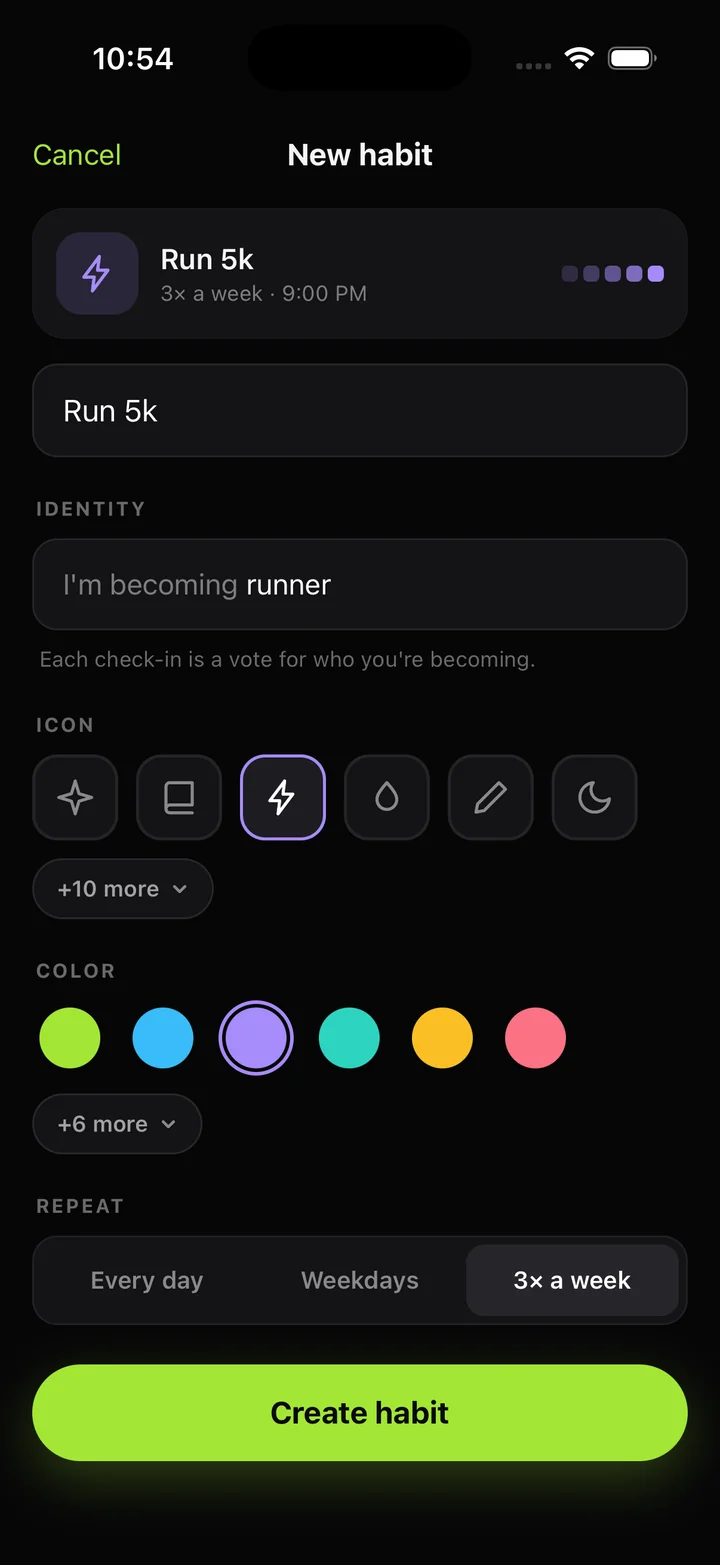The New habit screen: name, an identity line, icon and colour pickers, and a repeat schedule.