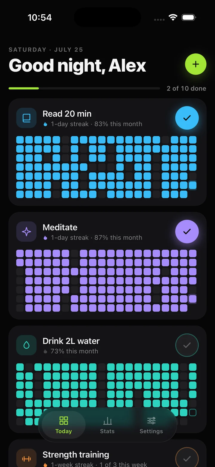 Stride's Today screen: habits with streaks, progress grids and check-in buttons.