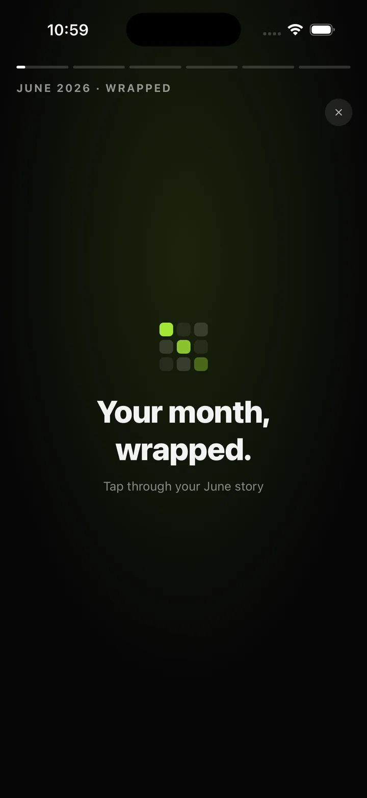 Stride Wrapped opening card reading "Your month, wrapped" above a small habit grid.