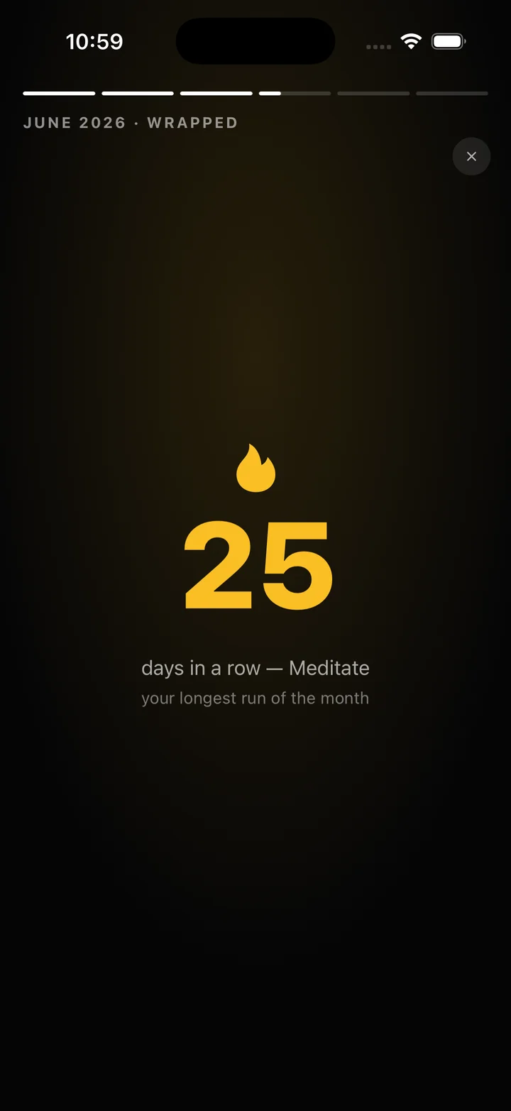 Stride Wrapped card: 25 days in a row on Meditate, the longest run of the month.