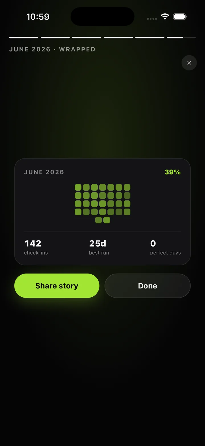 Stride Wrapped finale: a June share card with the month grid, check-ins and best run.